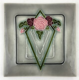 Art Tile, Art Nouveau Flowers, Pink, Burgundy, Green on Gray