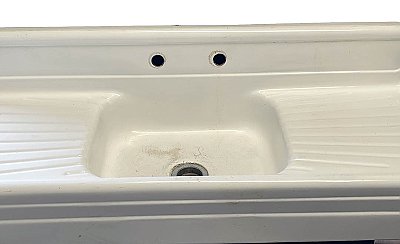 Antique 60" Art Deco White Stamped Steel Enameled Farmhouse Sink With Drainboard and Backsplash - Circa 1930