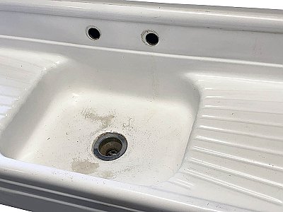 Antique 60" Art Deco White Stamped Steel Enameled Farmhouse Sink With Drainboard and Backsplash - Circa 1930