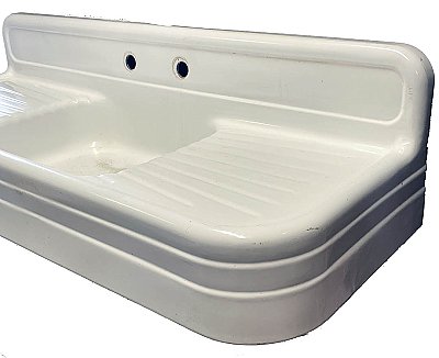 Antique 60" Art Deco White Stamped Steel Enameled Farmhouse Sink With Drainboard and Backsplash - Circa 1930