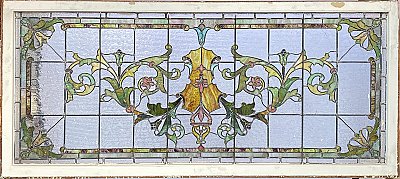 Large Antique Stained Glass Transom Window Sash Circa 1880 - Yellow, Green, Pink