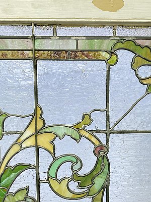 Large Antique Stained Glass Transom Window Sash Circa 1880 - Yellow, Green, Pink