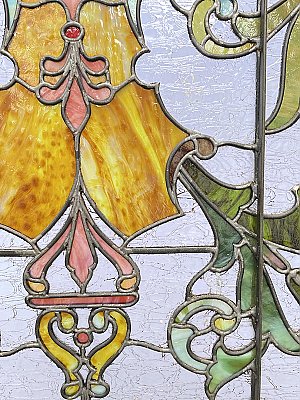 Large Antique Stained Glass Transom Window Sash Circa 1880 - Yellow, Green, Pink