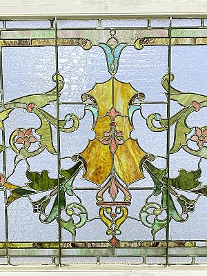 Large Antique Stained Glass Transom Window Sash Circa 1880 - Yellow, Green, Pink