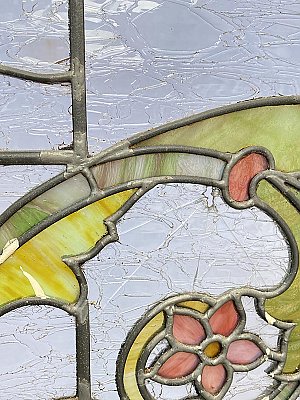 Large Antique Stained Glass Transom Window Sash Circa 1880 - Yellow, Green, Pink