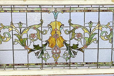 Large Antique Stained Glass Transom Window Sash Circa 1880 - Yellow, Green, Pink
