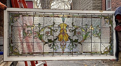 Large Antique Stained Glass Transom Window Sash Circa 1880 - Yellow, Green, Pink