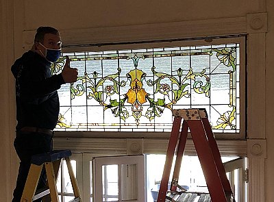 Large Antique Stained Glass Transom Window Sash Circa 1880 - Yellow, Green, Pink