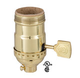 Brass Shell Lamp Socket with Flat Key & 3-Way Interior - UNO Thread - Polished & Lacquered Brass