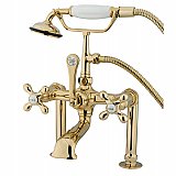 Deck Mount Clawfoot Tub Faucet with Hand Shower - Metal Cross Handles - Polished Brass