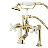 Deck Mount Clawfoot Tub Faucet with Hand Shower - Porcelain Cross Handles - Polished Brass