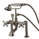 Deck Mount Clawfoot Tub Faucet with Hand Shower - Porcelain Cross Handles - Satin Nickel