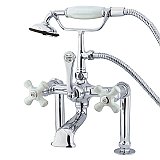 Deck Mount Clawfoot Tub Faucet with Hand Shower - Porcelain Cross Handles - Polished Chrome