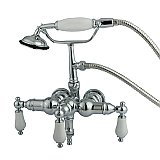 Wall Mount Clawfoot Tub Faucet with Hand Shower - 3-3/8" on Center - Porcelain Lever Handles - Polished Chrome