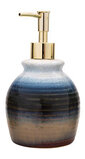 Stoneware Soap Dispenser - Navy and Tan Reactive Glaze Ceramic and Brass Plate