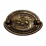 Oval Drawer Pull with Basket of Fruit Design, Antique Brass
