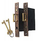 Butterfly Pocket Door Mortise Lock Set for Double Doors, Antique Copper
