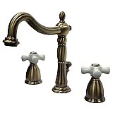 Heritage Widespread Sink Faucet - Porcelain Cross Handles - Vintage Brass