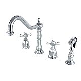 Heritage Widespread Deck Mount Kitchen Faucet with Brass Sprayer - Metal Cross Handles - Polished Chrome