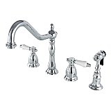 Heritage Widespread Deck Mount Kitchen Faucet with Brass Sprayer - Porcelain Lever Handles - Polished Chrome