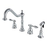 Heritage Widespread Deck Mount Kitchen Faucet with Brass Sprayer - Metal Lever Handles - Polished Chrome