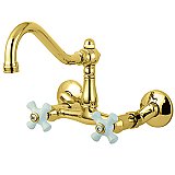 Vintage Style Wall Mount Kitchen Faucet - Porcelain Cross Handles - Polished Brass