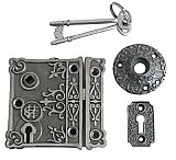Victorian Cast Iron Rim Lock Kit - Fancy - Includes Keys - Rose - Keyhole