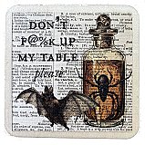 Repurposed Antique Dictionary Page Drink Coaster - Don't F@#k Up My Table - Creepy Bat & Spider