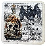 Repurposed Antique Dictionary Page Drink Coaster - Don't F@#k Up My Table - Creepy Bat & Skull