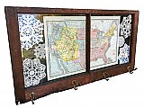 Repurposed Antique Window - Wall Decor Coat Hook Rack - Antique Doilies and United States Map