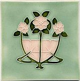 Art Tile, Art Nouveau Flowers, Pink and Green on Light Green