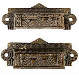 Pair of Antique Amber Bronzed Cast Iron Bin or Drawer Cup Pulls in "Gothic" Design by P. & F. Corbin - Circa 1876