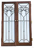 Antique Pair of Mahogany Leaded Glass Arts & Crafts Cabinet Doors - Circa 1910