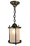 Antique Brass Cylindrical Lantern Ceiling Light Fixture With Wheel Cut Glass Shade - Circa 1920