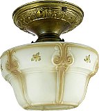 Antique Brass Flush Mount Ceiling Light Fixture with Hand Painted Bisque Shade - Circa 1920