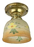 Antique Brass Semi-Flush Mount Ceiling Light Fixture With Hand-Painted Glass Shade - Circa 1910