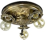 Antique 3-Light Antique Brass Pan Ceiling Light Fixture - Circa 1920