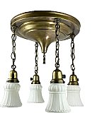 Antique 4-Light Antique Brass Pan Ceiling Light Fixture with Original Shades - Circa 1920