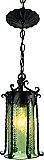 Antique Wrought Iron Ceiling Lantern Light Fixture with Green Swirl Glass - Circa 1900