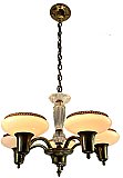 Antique 5-Light Antique Brass and Glass Ceiling Light Fixture with Iridescent Shades - Circa 1930