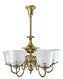 Vintage 6 Arm Cast Brass Gas-Style Ceiling Fixture with Etched Glass Shades - Circa 1890