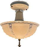 Antique Porcelain Semi-Flush Mount Ceiling Light Fixture with Pressed Glass Shade - Circa 1930