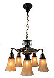 Antique Brass Five-Arm Pan Style Ceiling Light Fixture with "Nuart" Venetian Satin Iridescent Glass Shades - Circa 1920