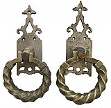 Antique Pair of Gothic Revival Nickel Plated Ring Door Pulls and Escutcheons - Circa 1880