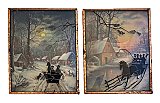 Antique Reverse Print Domed Glass Winter Horse Sleigh Scene Picture Pair