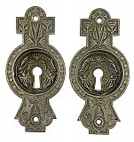 Pair of Antique Nickel Plated Cast Bronze Pocket Door Flush Pulls bin "Bird & Butterfly" Design by Norwalk Lock Co. - Circa 1885