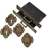 Antique Bronze Pocket or Sliding Double Door Lock and Pulls Set in "Gothic" Design by P. & F. Corbin - Circa 1885