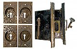 Antique Cast Bronze Pocket or Sliding Door Lock and Pulls Set in "Arabic" Design by Mallory & Wheeler Co.  - Circa 1889
