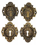 Set of Four Antique Cast Bronze Pocket or Sliding Door Flush Escutcheon Pulls in "Gothic" Design by P. & F. Corbin - Circa 1881