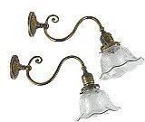 Pair of Antique Wall Light Fixture Sconce with Etched and Ruffled Shades - Circa 1910
